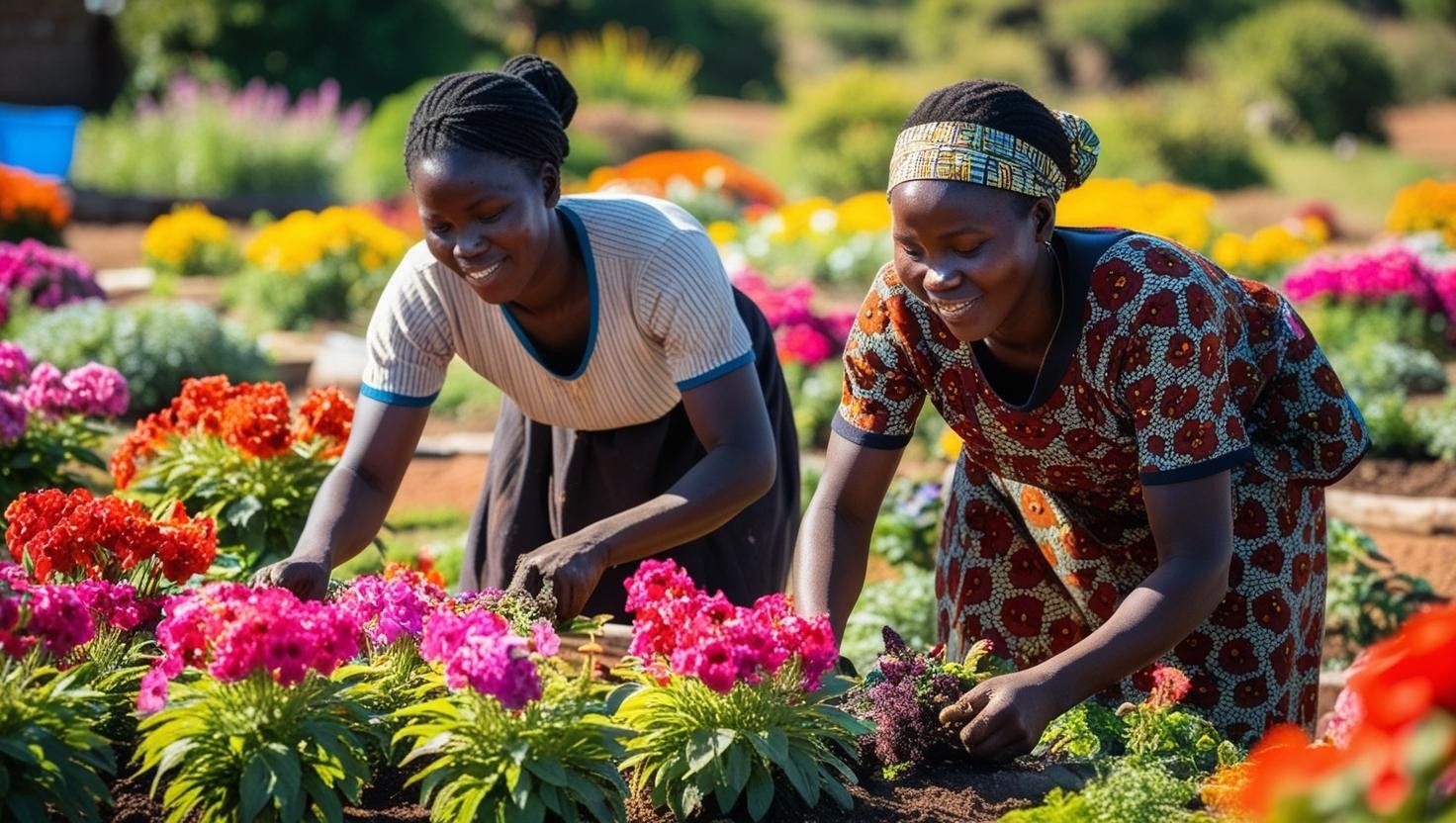 Kenyan women growing flowers - floriculture